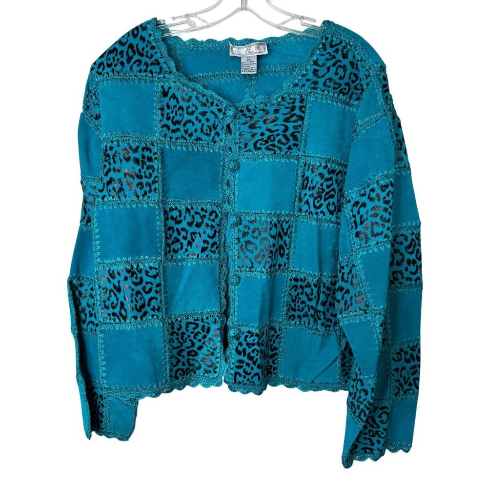 S.M.H. Woman NWT 2X Teal Black Leopard Leather Patchwork Crochet Jacket Western